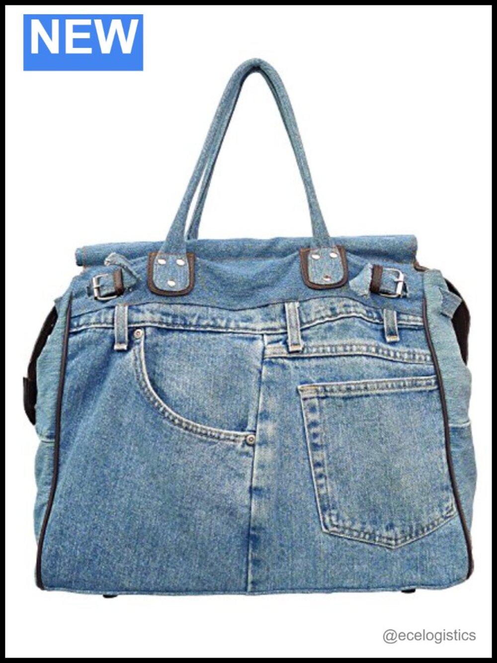 Large Upcycled Denim Tote Bag with Double Handles and Zipper Top